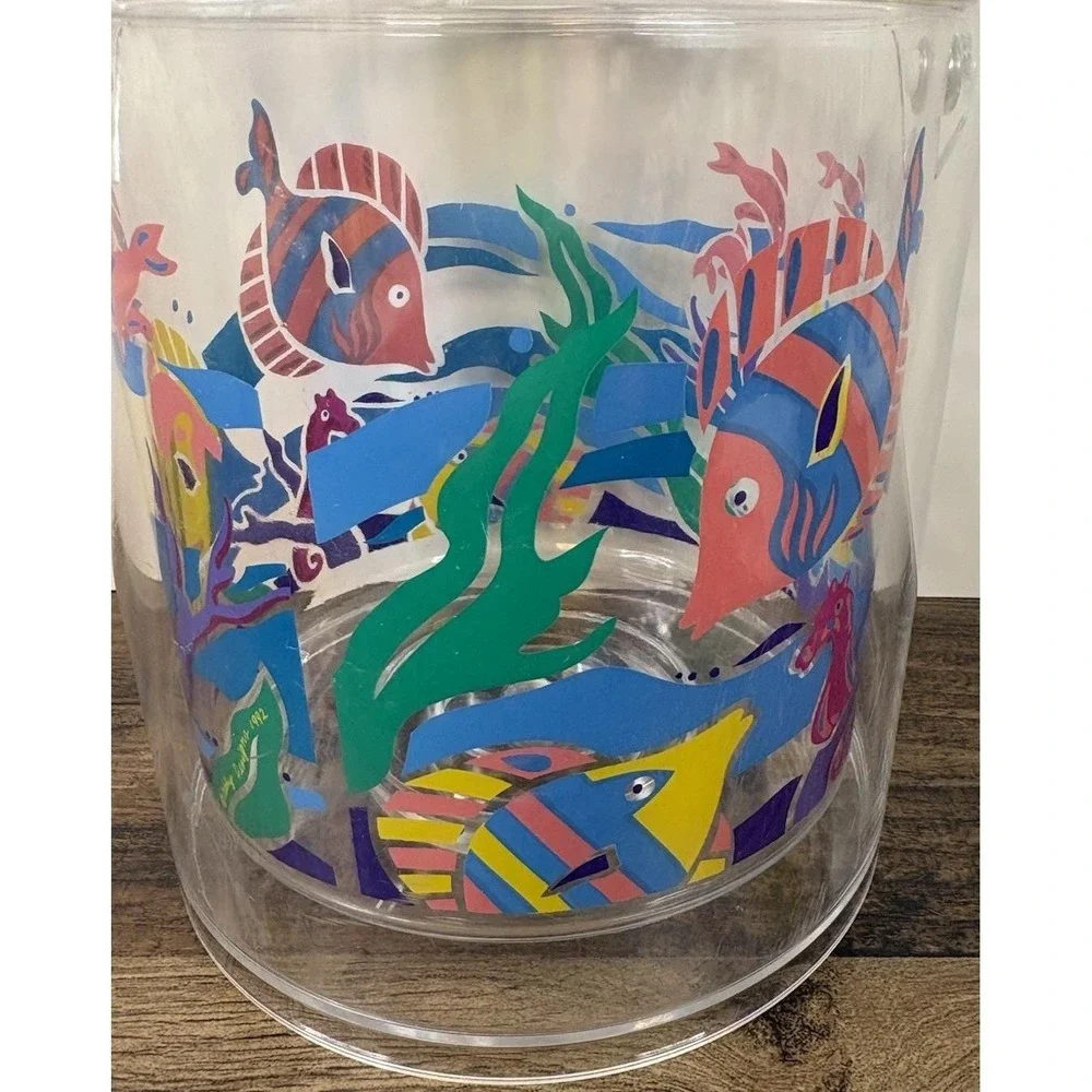 Vintage Lucite Acrylic Ocean Fish Themed Colorful Ice Bucket Tropical Pool Beach